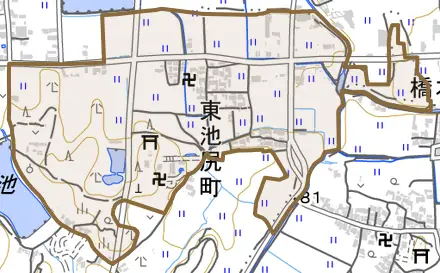 東池尻町とその周辺の地図。町の範囲を重ねている