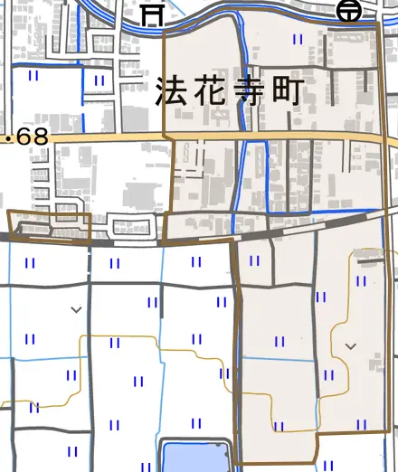 法花寺町とその周辺の地図。町の範囲を重ねている