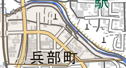兵部町とその周辺の地図。町の範囲を重ねている