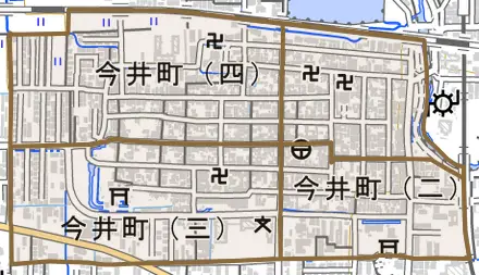 今井町とその周辺の地図。町の範囲を重ねている