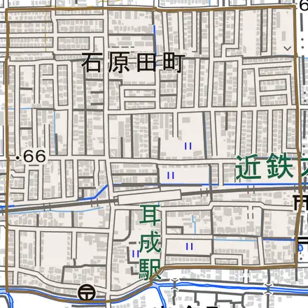 石原田町とその周辺の地図。町の範囲を重ねている
