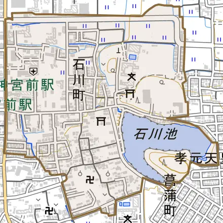 石川町とその周辺の地図。町の範囲を重ねている