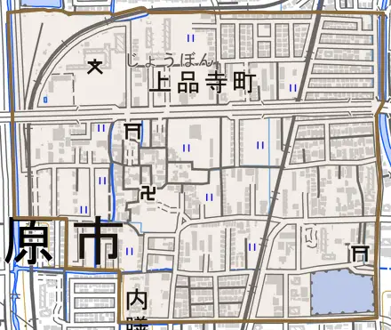 上品寺町とその周辺の地図。町の範囲を重ねている