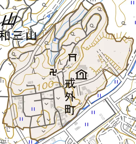 戒外町とその周辺の地図。町の範囲を重ねている