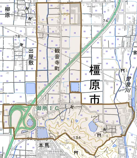 観音寺町とその周辺の地図。町の範囲を重ねている