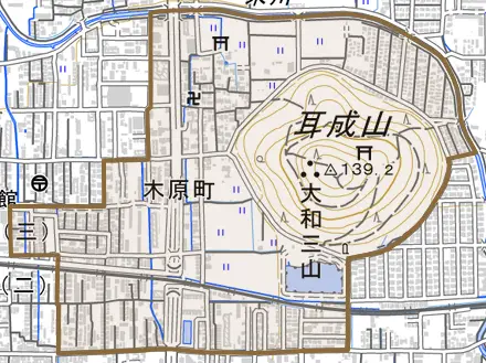 木原町とその周辺の地図。町の範囲を重ねている