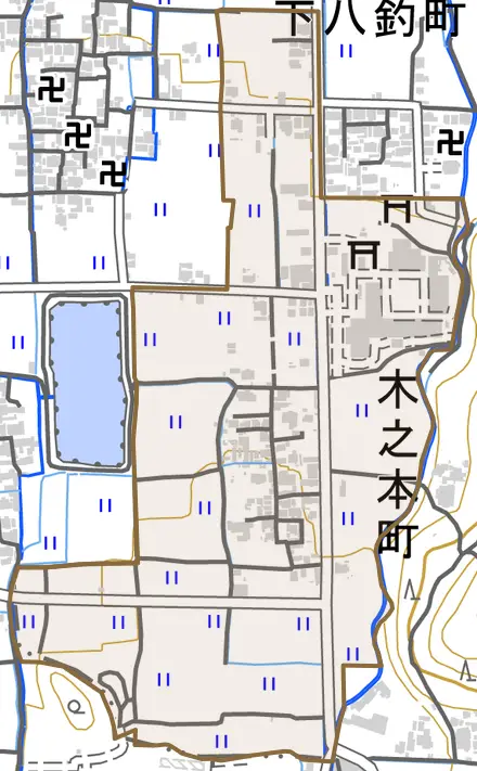 木之本町とその周辺の地図。町の範囲を重ねている