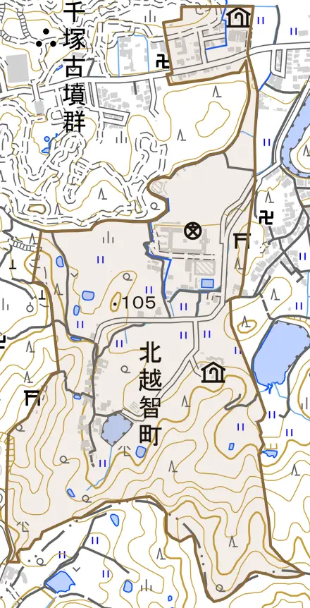 北越智町とその周辺の地図。町の範囲を重ねている