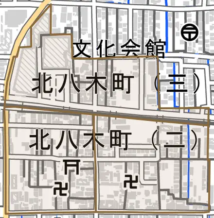 北八木町とその周辺の地図。町の範囲を重ねている