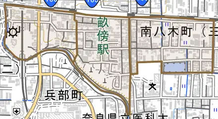 南八木町とその周辺の地図。町の範囲を重ねている