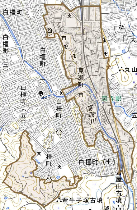 見瀬町とその周辺の地図。町の範囲を重ねている