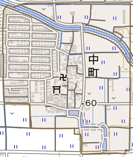 中町とその周辺の地図。町の範囲を重ねている