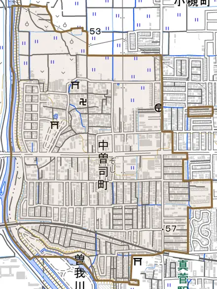 中曽司町とその周辺の地図。町の範囲を重ねている