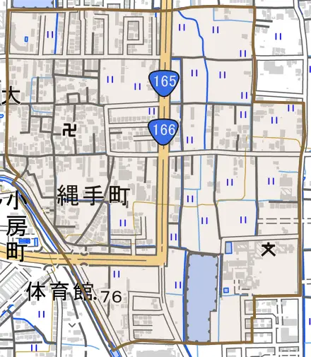 縄手町とその周辺の地図。町の範囲を重ねている