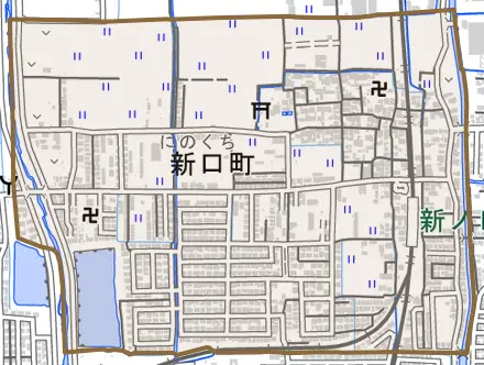 新口町とその周辺の地図。町の範囲を重ねている