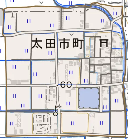 太田市町とその周辺の地図。町の範囲を重ねている