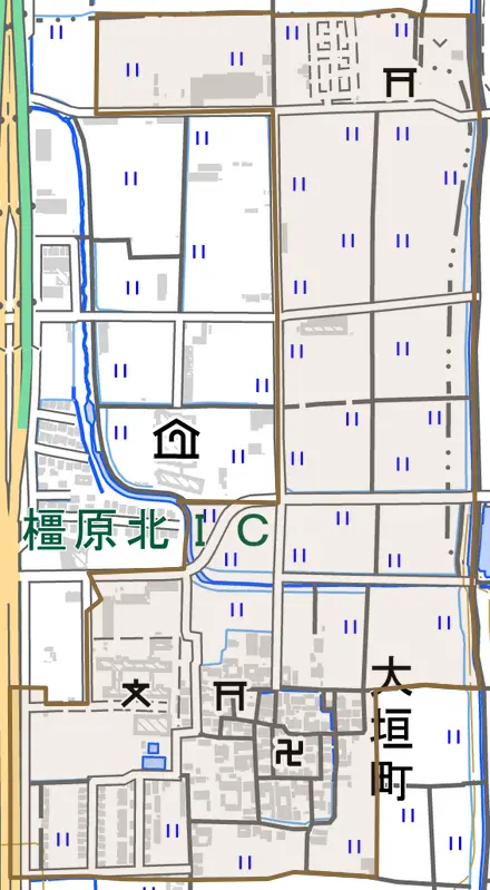 大垣町とその周辺の地図。町の範囲を重ねている