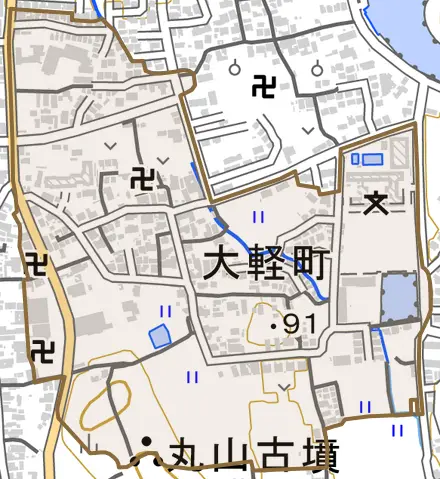 大軽町とその周辺の地図。町の範囲を重ねている