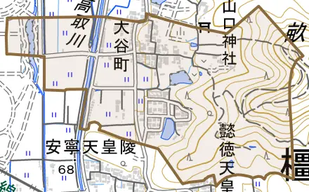 大谷町とその周辺の地図。町の範囲を重ねている
