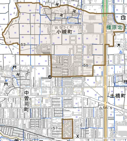 小槻町とその周辺の地図。町の範囲を重ねている