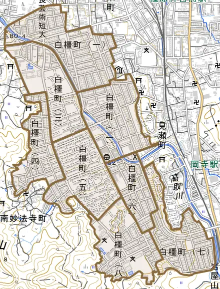 白橿町とその周辺の地図。町の範囲を重ねている