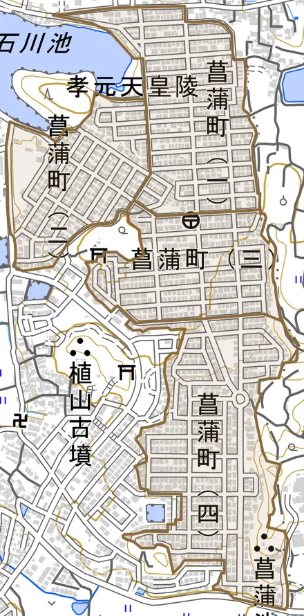 菖蒲町とその周辺の地図。町の範囲を重ねている