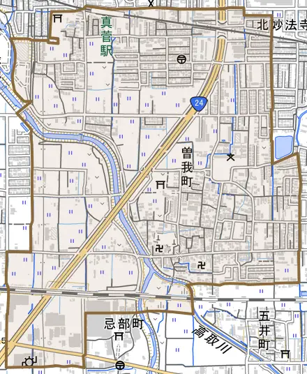 曽我町とその周辺の地図。町の範囲を重ねている