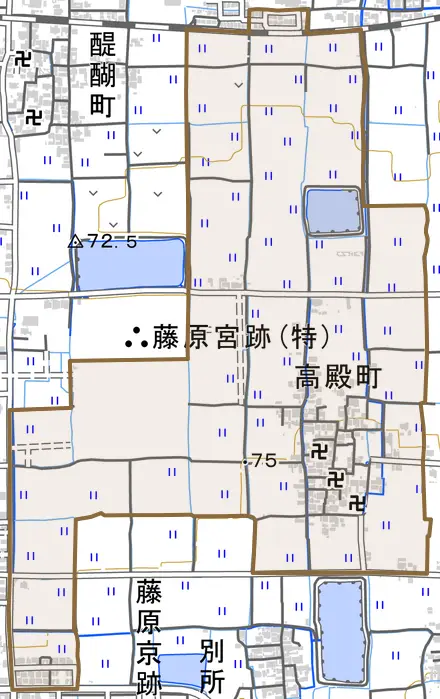 高殿町とその周辺の地図。町の範囲を重ねている