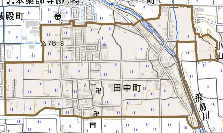 田中町とその周辺の地図。町の範囲を重ねている