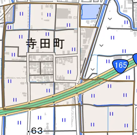 寺田町とその周辺の地図。町の範囲を重ねている