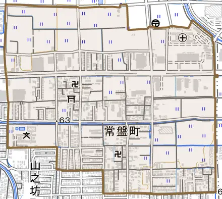 常盤町とその周辺の地図。町の範囲を重ねている