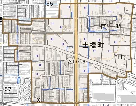 土橋町とその周辺の地図。町の範囲を重ねている