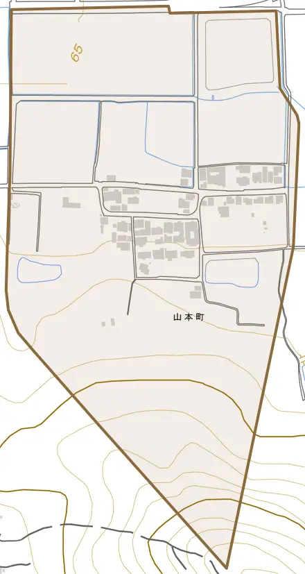 山本町とその周辺の地図。町の範囲を重ねている