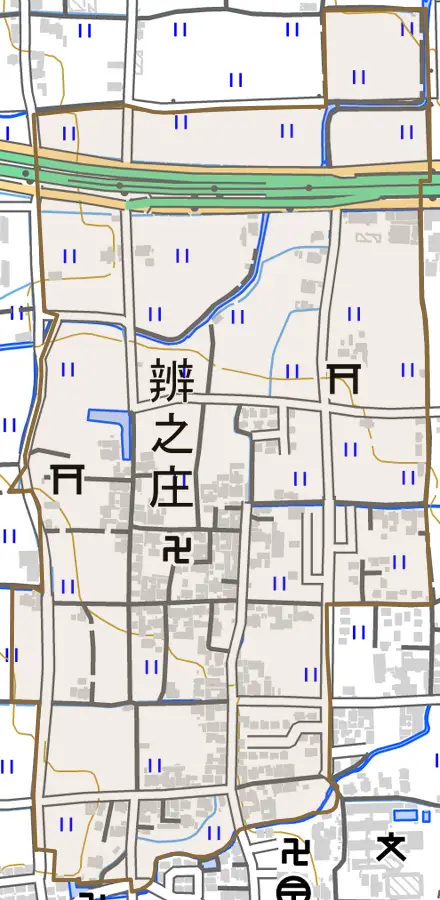 辨之庄とその周辺の地図。町の範囲を重ねている