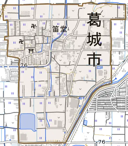 笛堂とその周辺の地図。町の範囲を重ねている