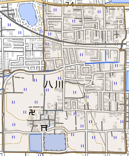 八川とその周辺の地図。町の範囲を重ねている