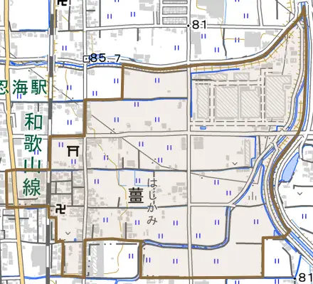 薑とその周辺の地図。町の範囲を重ねている