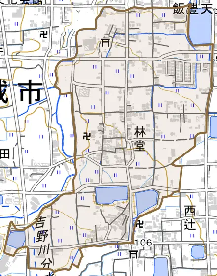 林堂とその周辺の地図。町の範囲を重ねている