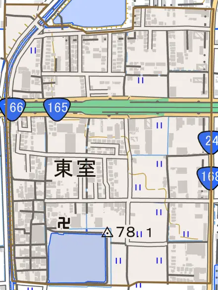 東室とその周辺の地図。町の範囲を重ねている