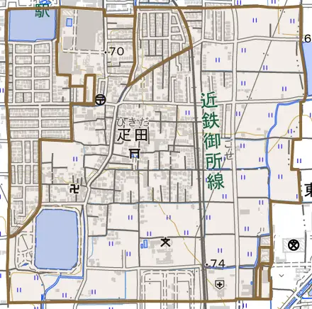 疋田とその周辺の地図。町の範囲を重ねている