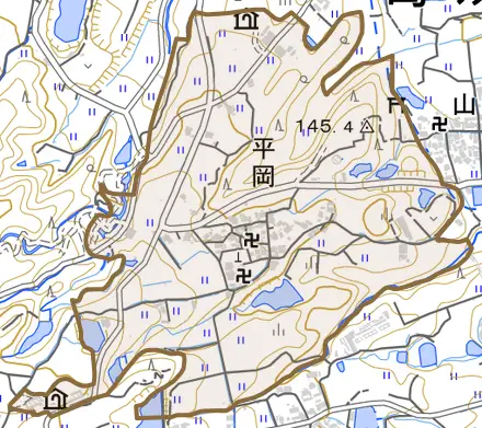 平岡とその周辺の地図。町の範囲を重ねている