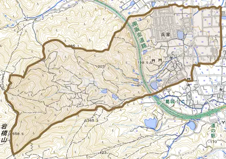 兵家とその周辺の地図。町の範囲を重ねている