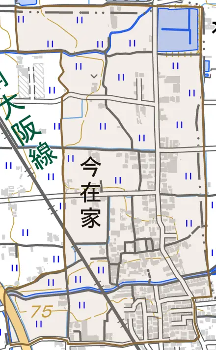 今在家とその周辺の地図。町の範囲を重ねている
