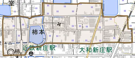 柿本とその周辺の地図。町の範囲を重ねている