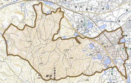 加守とその周辺の地図。町の範囲を重ねている