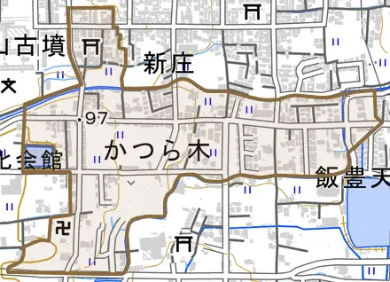 葛木とその周辺の地図。町の範囲を重ねている