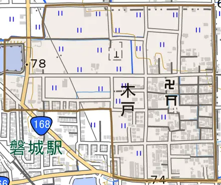 木戸とその周辺の地図。町の範囲を重ねている