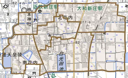 北花内とその周辺の地図。町の範囲を重ねている