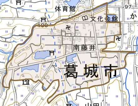 南藤井とその周辺の地図。町の範囲を重ねている