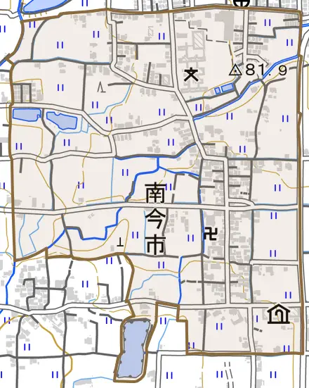 南今市とその周辺の地図。町の範囲を重ねている
